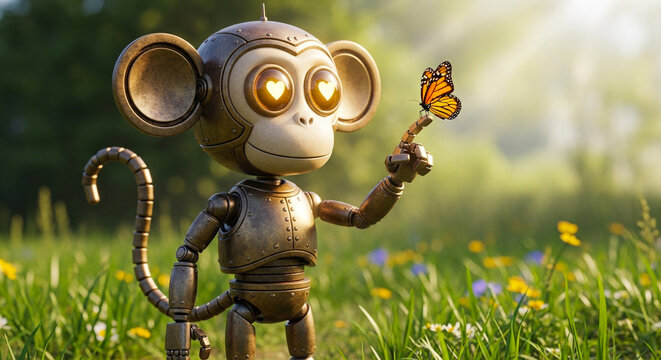 Steampunk robot monkey with heart eyes in sunny meadow, mechanical bronze primate holding butterfly, whimsical robotic animal in nature