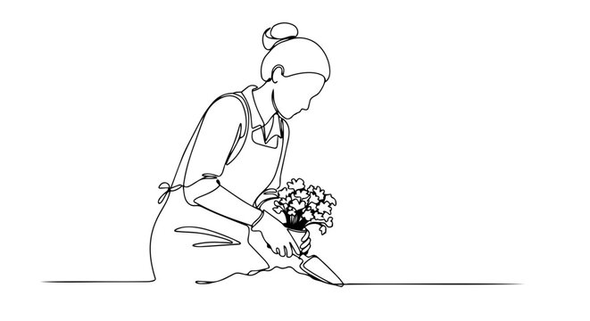 Woman gardening with trowel one line drawing. Spring planting concept. Minimalist continuous line vector illustration