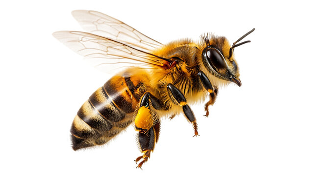 Close-up of a flying honey bee with yellow and black stripes on transparent background