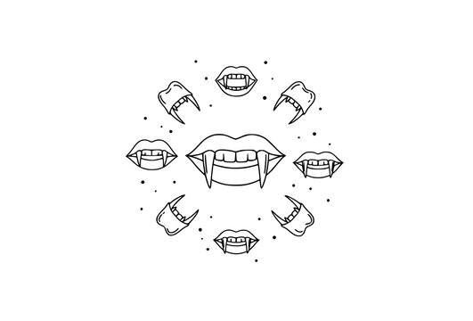 Vampire fang symbols in circular layout with bite marks and spooky teeth icons in black outline editable stroke vector style
