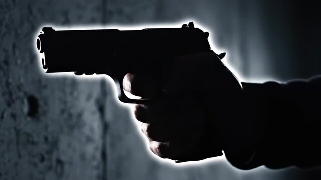 This shows a silhouette of a hand holding a gun in a dark and ominous setting with a spotlight shining on it, related to crime and law enforcement.