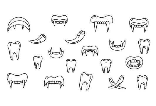Minimal vampire teeth icons with sharp fang shapes and bite symbols in black and white outline editable stroke vector