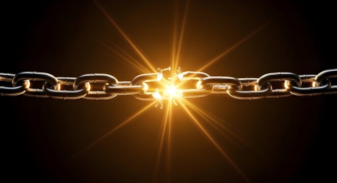 A chain with a broken link illuminated by a bright shining light on a dark background symbolizing freedom and strength