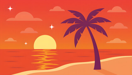 Fototapeta premium Vibrant Tropical Sunset with Palm Tree Silhouette on a Sandy Beach Overlooking the Ocean