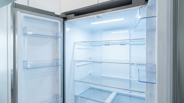 Empty refrigerator interior with open door in modern kitchen