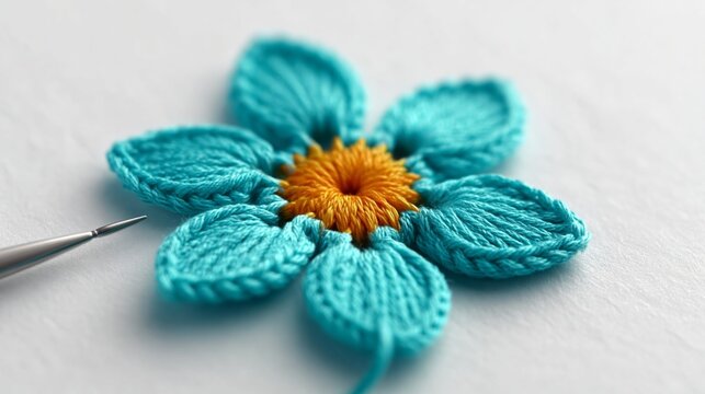 Embroidered flower design featuring turquoise petals and a vibrant yellow center, with a needle and thread placed beside it on a textured white background