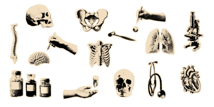 Set of vintage medical halftone cutouts. Collection of pop art stickers usable for collage or mix media design. Retro anatomy elements for clinic and doctor.