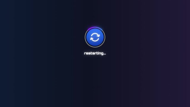 Modern restart button UI animation with user interaction. Features highlighted include restart action, &ldquo;restarting&hellip;&rdquo; process screen, and smooth transition. Ideal for tech videos and app demos.