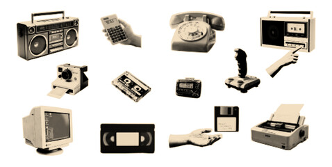 Retro devices halftone cutouts set. Collection of sticker usable for mix media collages and pop art scrapbook. © sunspire