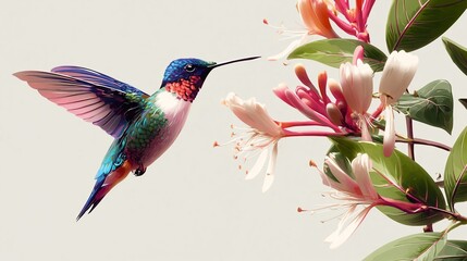 Naklejka premium Colorful hummingbird hovering near pink and white flowers with green leaves, showcasing intricate feather details and vibrant colors against a light background