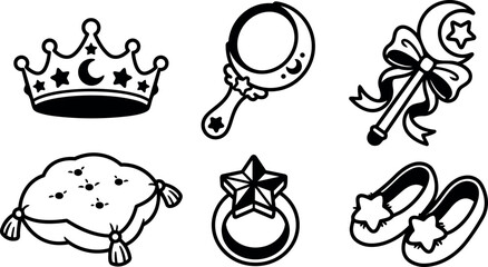Obraz premium Black and white princess crown star moon rattle wand pillow ring shoes icons