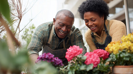 Fototapeta premium Elderly couple enjoys gardening together in a bright, sunny flower shop