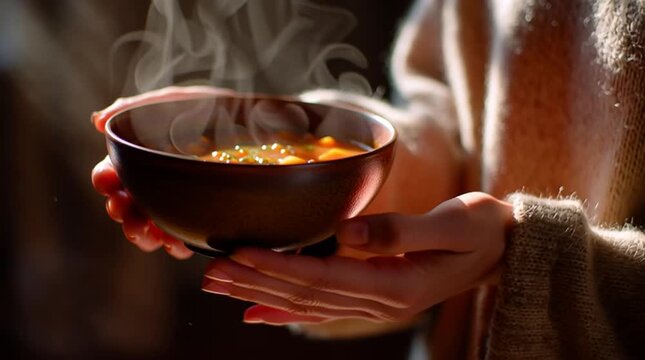 Slow motion handheld tracking zoom close up of person holding steaming bowl of soup indoors in kitchen by window with warm backlight and sweater clad hands