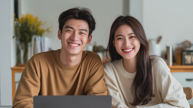 Happy couple smiles while working together at home in a cozy living space