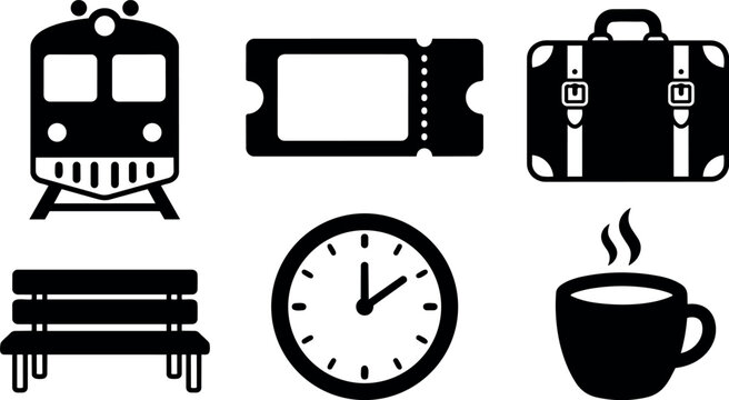 Black and white travel icons train ticket suitcase clock bench coffee cup