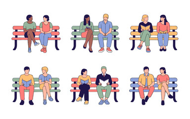 Fototapeta premium Diverse couples reading on park benches.