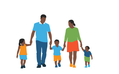 Obraz premium Family portrait of five people happily holding hands and walking together.