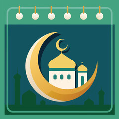 Fototapeta premium Islamic mosque with crescent moon on green calendar page