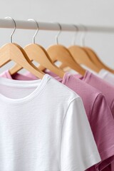 Obraz premium a row of white and pink tshirts on wooden hangers