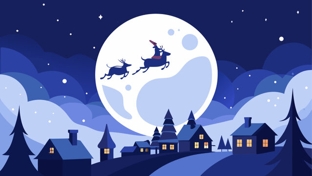 Santa and reindeer flying under a full moon over a snowy village Vector
