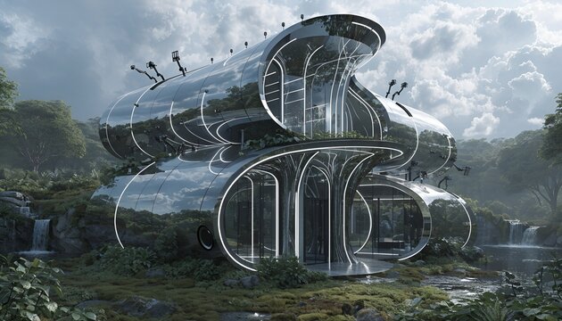 Futuristic Smart Home with Curved Architecture, Modern Residential Building Concept
