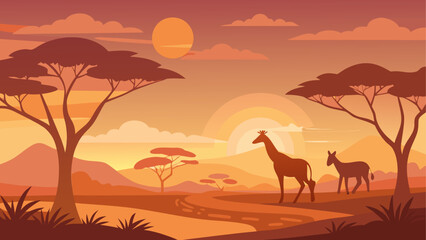 Giraffes and zebras grazing at sunset in the savanna landscape Vector © Rana Islam