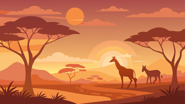 Giraffes and zebras grazing at sunset in the savanna landscape Vector