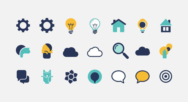 Creative Idea Icons: Lightbulb, Gear, Cloud, House, Owl, Flower, Target, Search