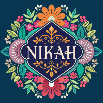 Colorful floral design with Nikah text on blue background