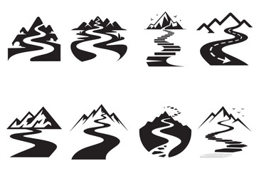 Set of black mountain road icons with winding paths and sharp peaks, depicting journey and adventure with nature and outdoor themes © Md Jamal Uddin