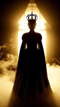 Majestic queen silhouette in vertical composition. Ethereal atmosphere surrounds royal figure. Soft lighting creates dramatic effect. Perfect for historical and fantasy themes.