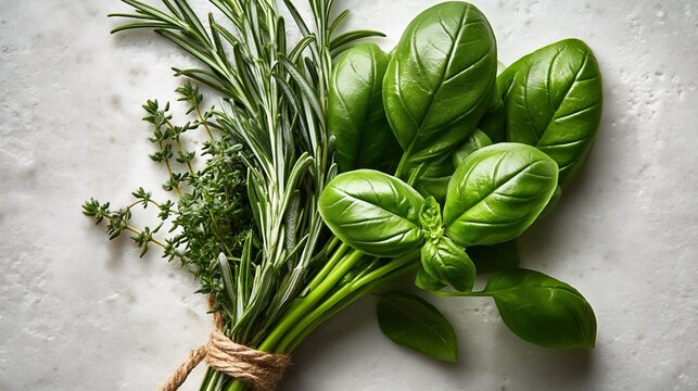 Fresh green basil and rosemary herbs tied together with twine on a light stone surface, showcasing vibrant leaves and natural textures