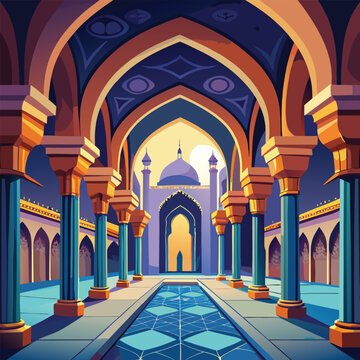 Colorful islamic architecture with arches and columns inside mosque