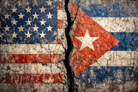Weathered American flag and Cuban flag painted on cracked concrete wall center fracture symbolizing US Cuba relations diplomatic tension bilateral conflict sovereignty embargo geopolitical standoff