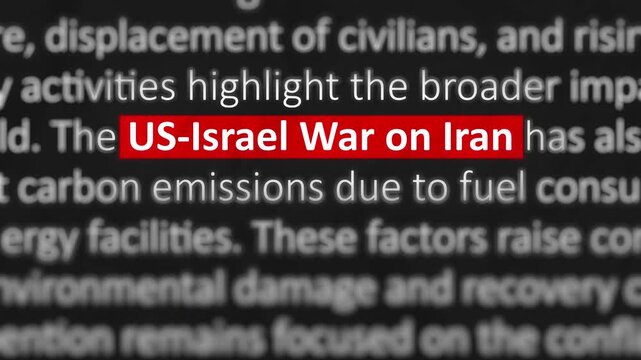 US Israel War on Iran. Global Security, Geopolitical Tensions, Oil Markets, Energy Supply, Military Conflict, Trade Disruptions. Highlighted US-Israel War on Iran on Dark. 4K 2D Loop Video Animation