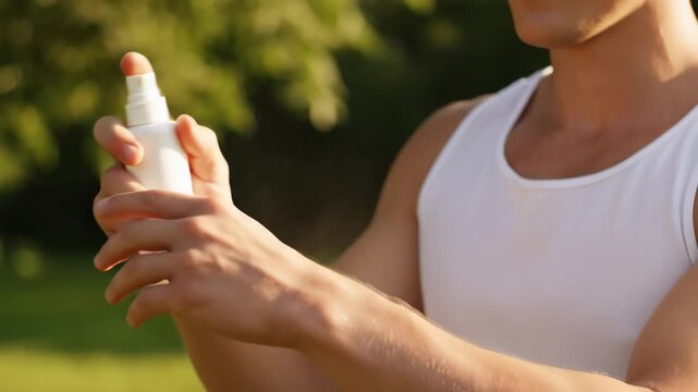 This video shows a man applying insect repellent to his arm in a lush green outdoor setting. The scene is set in a sunny area with trees and grass in the background. The man is wearing a white tank
