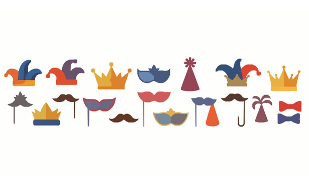 Festive party prop icons set with masks crowns hats and bowties vector isolated on white background