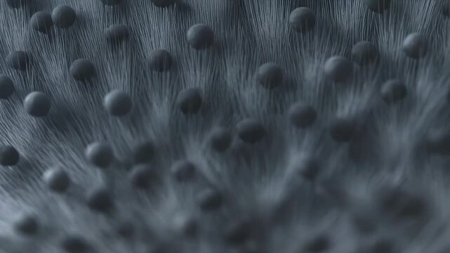 Microscopic gray spherical spores emerging from a fibrous woven surface, abstract biological texture suggesting fungal growth, cellular structure, and scientific research exploration