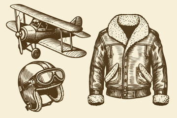 Vintage aviation attire biplane flight jacket and pilot s helmet sketch © Dilip