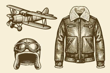 Vintage aviation elements biplane flight jacket and pilot s goggles © Dilip
