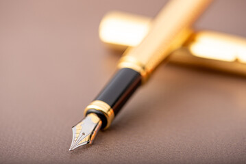 Fototapeta premium Fountain pen, beautiful fountain pen with detailed design on a brown synthetic leather surface, selective focus.