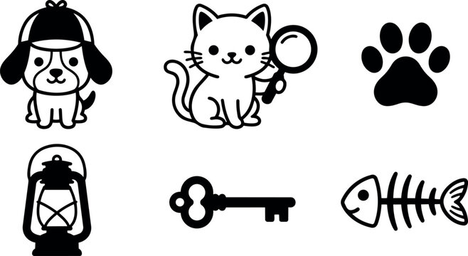 Detective dog cat magnifier paw lantern key and fishbone icons