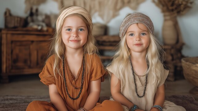 Young Miriam and Deborah in a quiet domestic setting, adorned with simple ornaments, reflecting innocence, sisterhood, and early spiritual identity.