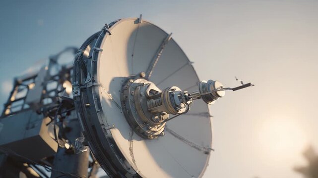 Satellite communications dish standing outdoors, transmitting and receiving radio frequency information and broadcast signals, enabling global wireless connectivity and digital communication