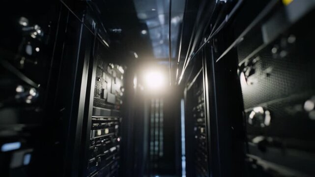 Server racks filling a modern data center, showcasing complex it infrastructure with numerous cables and illuminated components forming a powerful digital information network