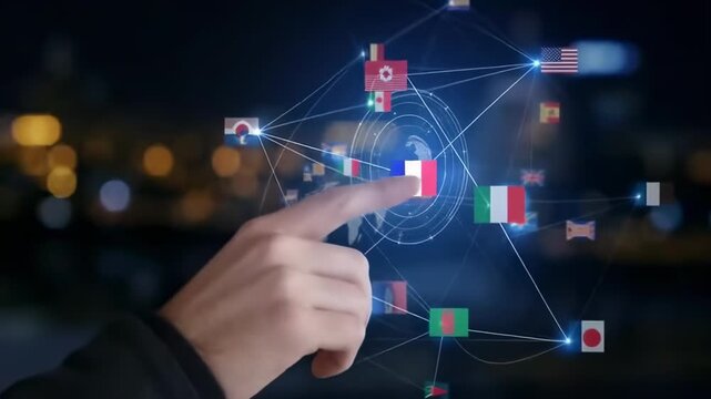 This content shows a person's hand interacting with a network of national flags in a futuristic interface at night. The image represents global connection and digital innovation.