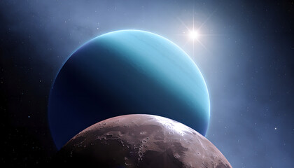 Obraz premium Blue gas giant planet and cratered moon in deep space illuminated by a distant star.