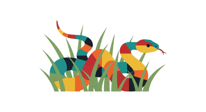 Colorful snake in green grass illustration