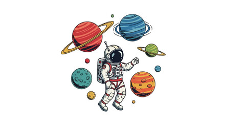 Astronaut floating amongst colorful planets in space illustration © Remb