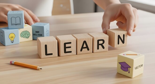 Wooden blocks spell out the word learn on a light colored wooden table with educational symbols high quality professional detailed modern elegant